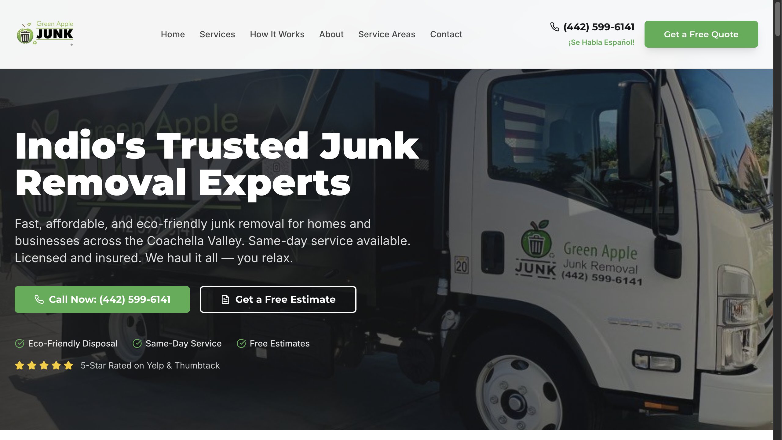 Eco-friendly junk hauling and removal service. Mobile-first site with instant quote request, service area map, and bilingual customer flow. Live with Stripe subscription billing.